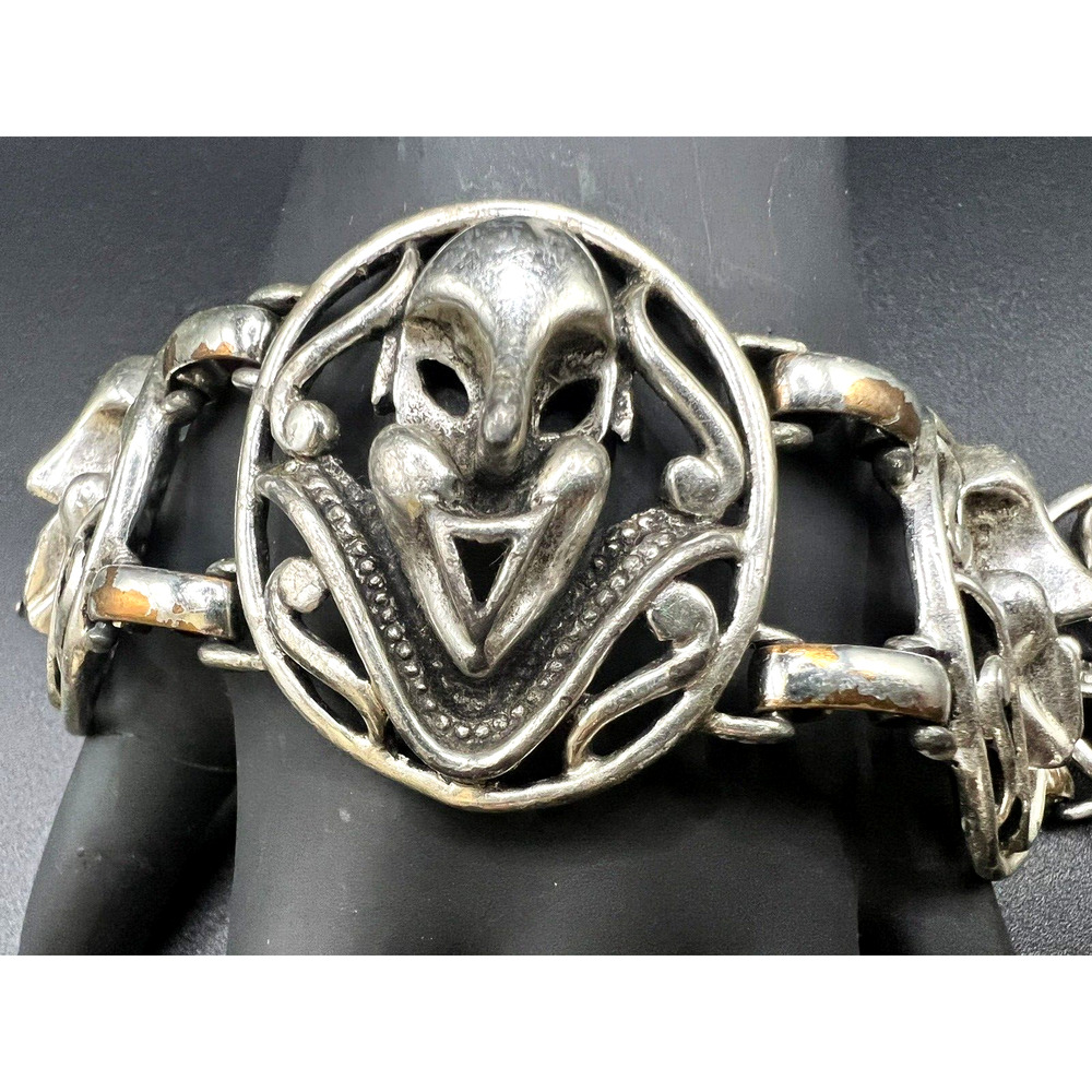 Unique Vtg Signed SELINI Art Drama Faces Masks Wide Panel Linked Silver Bracelet - Picture 4 of 6
